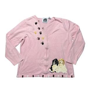 Vintage 90s Storybook Knits Dog Cardigan L Sequin Cocker Spaniel Sweater HSN